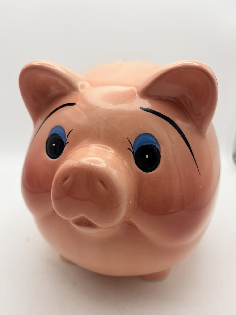 Vintage Mid Century Pink Ceramic Piggy Bank Blue Eyes 8" Retro Kitsch MCM